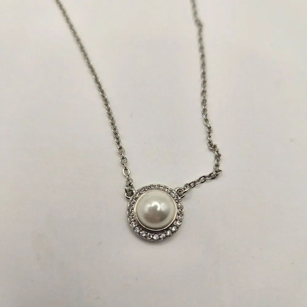 Vera Bradley Silver Pearl Pendant Necklace CZ Accents New